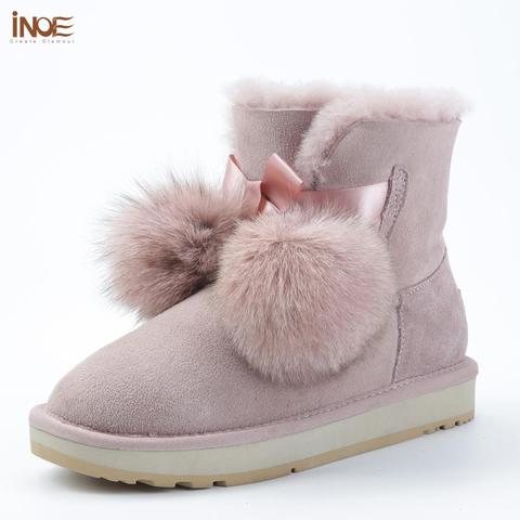 INOE Sheepskin Suede Leather Shearling Wool Fur Lined Women Short Winter Boots Pom-pom Style Ankle Snow Boots Shoes for Girls ► Photo 1/6