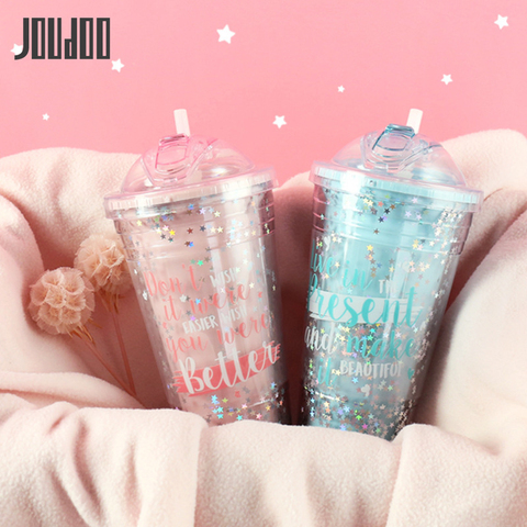 JOUDOO Candy Color 420ML Water Bottle for Girls Cute Star Sequin