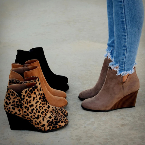 Pointed Toe Booties Winter Women Leopard Ankle Boots Lace Up Footwear Platform High Heels Wedges Shoes Woman Bota Feminina ► Photo 1/6