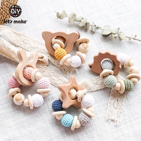 Let's Make 1PC Wooden Teether Hedgehog Crochet Beads Wood Crafts Ring Engraved Bead Baby Teether Wooden Toys For Baby Rattle ► Photo 1/6