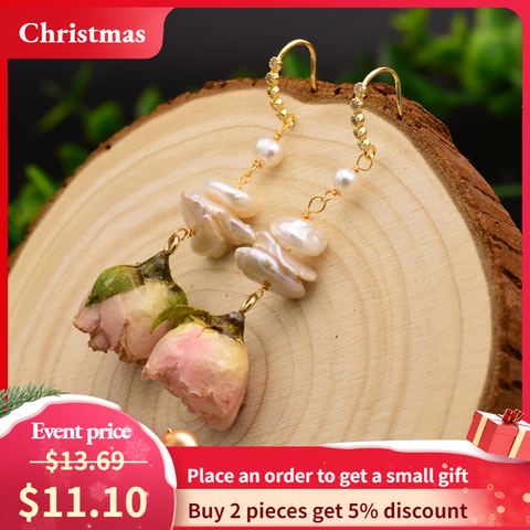 GLSEEVO Natural Fresh Water Baroque Pearl Drop Earrings For Women Party Really Flower Handmade Luxury Romantic Jewelry GE0492 ► Photo 1/6