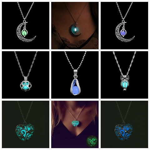 Vienkim Glow In The Dark Necklace Moon Square Heart Necklaces For Woman Hollow Water Drop Pendant Night Fluorescence Light ► Photo 1/6