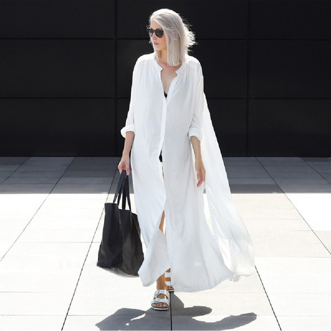 Oversize Women Summer Beachwear Long Kaftan Beach Dress White Cotton Tunic Bathing Suit Cover-ups Bikini Wrap Cover up #Q737 ► Photo 1/6