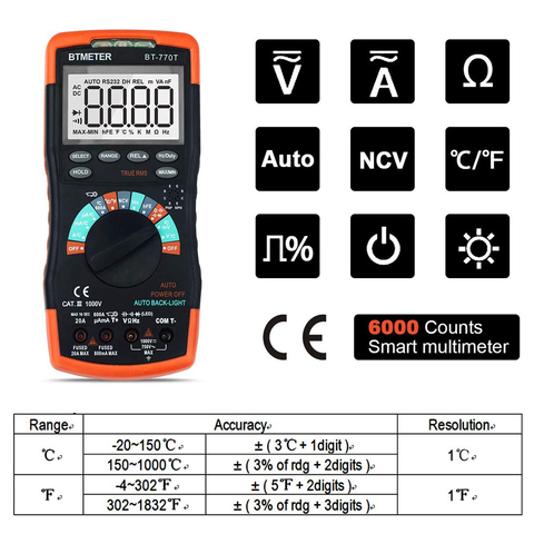 BTMETER Digital Multimeter True RMS Auto Ranging DMM Test Meter for AC DC Current 20A,1000V Capacitance Electrical Tester ► Photo 1/6