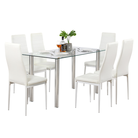 Dining Table Set Simple Transparent Glass&Iron Dinner Table + 6pcs Elegant Stripping Texture High Backrest Dining Chairs White ► Photo 1/1