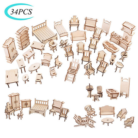 34PCS Set 3D Wooden Puzzle Toy 1:12 Mini Wooden Furniture 3D Building Model Doll House Accessories DIY Children Educational Toys ► Photo 1/6