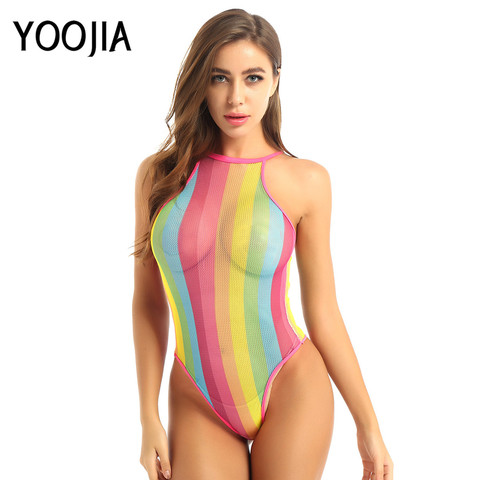 Womens Rave Rainbow Swimwear Striped Fishnet Swimsuit Bikini See Through Mesh Bodysuit Beachwear Summer Dance Festivals Clothing ► Photo 1/6