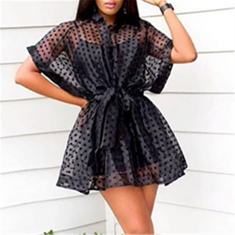 Black Two Pieces Set Transparent Mini Loose Shirt Dress Spaghetti Strap Camisole Polka Dot See Through with Sashes Sexy Women ► Photo 1/6