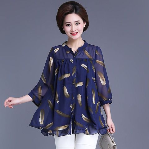 2022 New Summer Middle Aged Women Three Quarter Sleeve Fashion Chiffon Blouse Tops Female Flower Print Plus Size 4xl Shirt W20 ► Photo 1/6