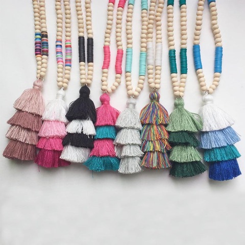 ZWPON 2022 New Layered Tassel Wood Beaded Polymer Clay Necklace for Women Summer Colorful Tassel Pendant Statement Necklace ► Photo 1/6