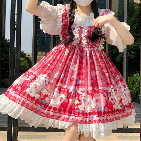 Japanese Kawaii Lolita Cosplay Soft Sister Dress Cute Rabbit Strawberry Sleeveless JSK Dress Ruffles Bow Princess Tutu Dress ► Photo 1/6