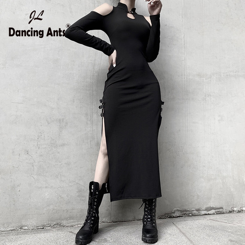 Woman Cheongsam Dress Dark System Punk Style Off Shoulder Bandage Long Sleeve Half Turtleneck Female Mid-Calf Split Dresses ► Photo 1/6