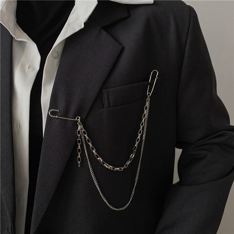 Punk Pendant Double Pin Clip Chain Brooch Japan Korea For Men Women Street Ins Long Metal Chest Chain Brooch Trendy Accessories ► Photo 1/4
