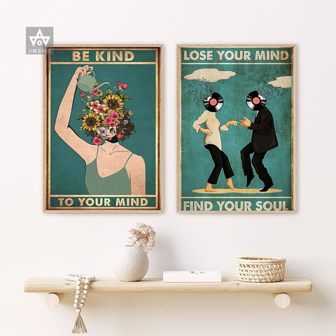 Mental Health Art Be Kind To Your Mind Quotes Wall Art Canvas Painting Prints Dancing Together Vintage Pictures Living Room Wall ► Photo 1/6