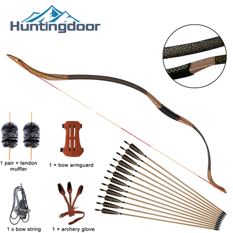 2022 Hot Huntingdoor Traditional Handmade Bow Longbow with True Feather Wood Arrows Hunting Recurve Archery Bow Set Accessories ► Photo 1/6