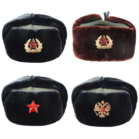 New Russian  Military Hats Pilot Hat with ear flaps Police Hat Winter Men Snow Cap with Earmuffs Ski Warm Thick Hats for Men ► Photo 1/6