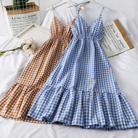 2022 New Summer Women Dress V-Neck Plaid Strap Dress Sleeveless Beach Long Elegant Vintage Party Dresses Vestidos P555 ► Photo 1/6