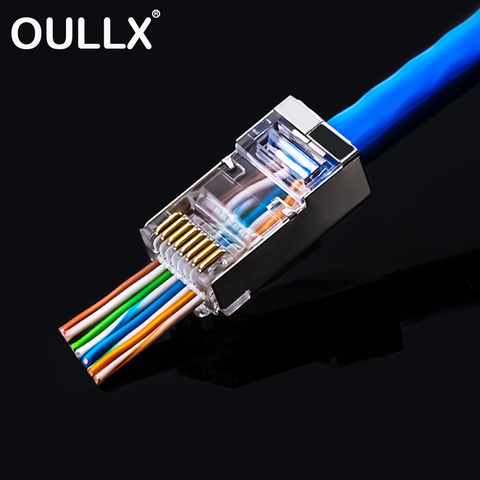 OULLX 6U RJ45 Connector Cat6 Cat6A Jack UTP Gold Plated Pass Through Ethernet Cables Network RJ-45 Plug Cat5 Cat5e STP Shielded ► Photo 1/6