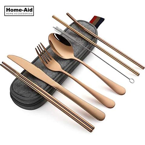 8Pcs/set Tableware Reusable Travel Cutlery Set Camp Utensils Set with stainless steel Spoon Fork Chopsticks Straw Portable case ► Photo 1/6