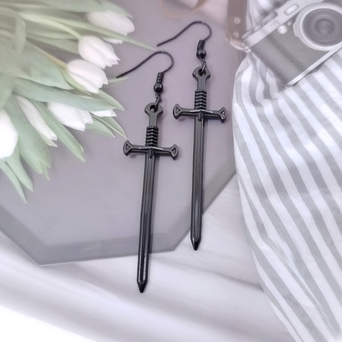 Black Sword Earrings Gothic Fantasy Medieval Viking Witchy Black-Sword Jewelry Dramatic Statement classical gift Cosplay women ► Photo 1/3
