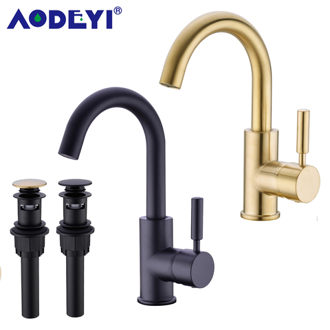 Solid Brass Black Bathroom Basin Faucet Cold And Hot Water Mixer Sink Tap Single Handle Brushed Gold Taps with Pop Up Drain ► Photo 1/6