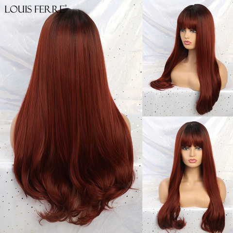 LOUIS FERR Long Wavy Synthetic Wigs Ombre Black Wine Red Wigs with Bangs for Black Women African American Heat Resistant Hair ► Photo 1/6