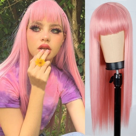 MISS QUEEN Pink and Black Wig Long Streight hair Cosplay Wig Two Tone Ombre Color Women Synthetic Hair Wigs ► Photo 1/6