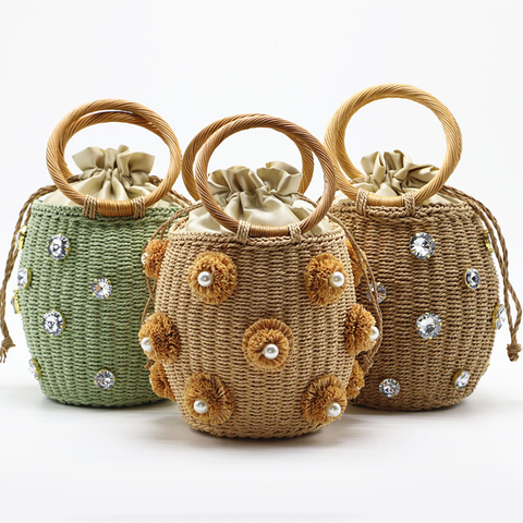 2022 New Handmade Rhinestone Crystal Embellished Straw Bag Small Straw Bucket Bags Lady Travel Purses and Handbags ► Photo 1/6