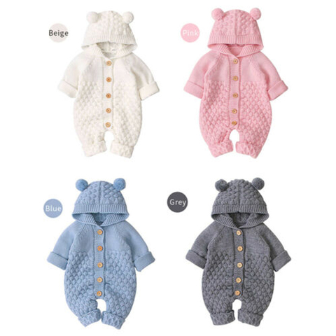 0-24M Newborn Baby Knitted Sweater Jumpsuits Autumn Winter Soft Warm Romper Boys Girls Hooded Bear EarJumpsuits Jackets ► Photo 1/6