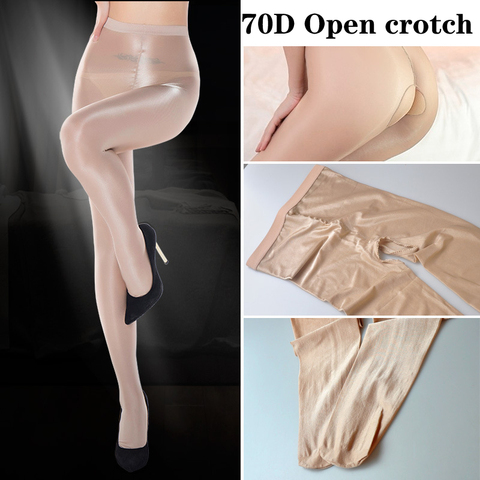 70D Women Sexy Shiny open Crotch Glossy Oil Pantyhose Tights thick good quality One Line High stretch oil Stockings ► Photo 1/6