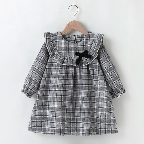 Autumn Winter 2022 Girls Dress Girls Cute Dresses Long Sleeve Gray Plaid Black Bow Cute Sweet Baby Vestidos 18M-6T ► Photo 1/6