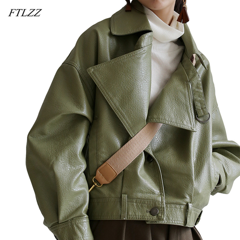 FTLZZ 2022 New Spring Green Faux Leather Jackets Casual Women Short Vintage Loose Pu Jackets Female Black Red Leather Coats ► Photo 1/6
