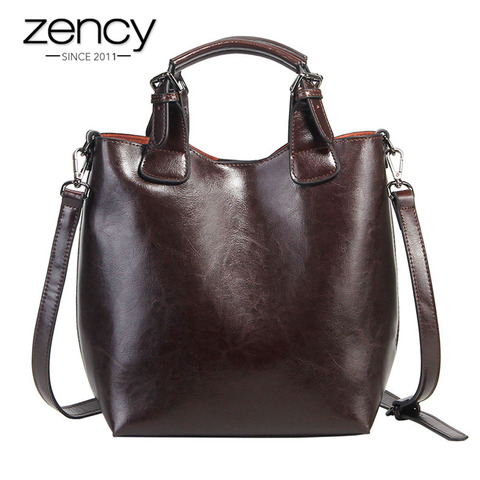 Zency 100% Genuine Leather Handbag Retro Coffee Women Casual Tote Bucket Bag Classic Black Lady Crossbody Messenger Purse ► Photo 1/6