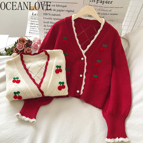 OCEANLOVE Embroidered Cardigans Knit Wear Sweet Puff Sleeve Short Mujer Chaqueta Autum Winter V Neck Cherry Sweaters Women 18958 ► Photo 1/6