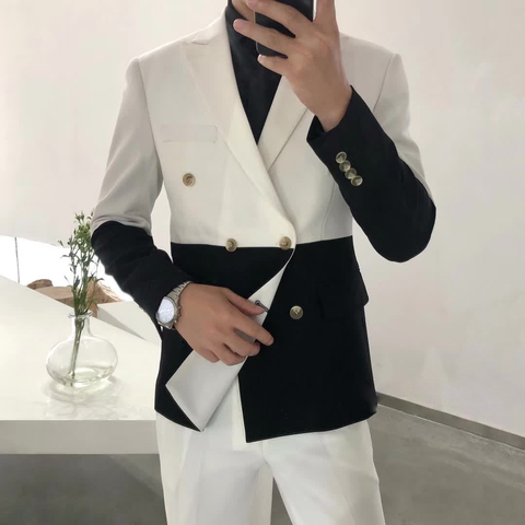 Men's Blazer Hombre Semi-Black Red White Double-Breasted Blazer Masculino Slim Wedding Prom Fashion Stitching Men's Blazer Men ► Photo 1/6