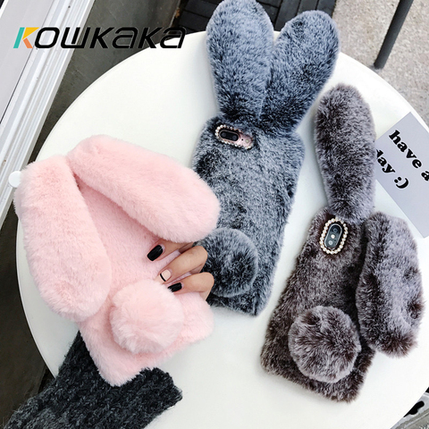 Kowkaka Cute Rabbit Ears Fur Plush Phone Shell For iPhone 12 Mini 11 Pro Max XS Max XR X SE 2022 6 6S 7 8 Plus Warm Plush Case ► Photo 1/6