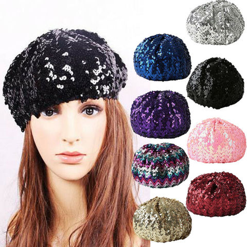 Hirigin Ladies Girls French 70s Costume Party Dance Disco Central Chic Black Silver Red Gold Pink Sequined Sewuins Hat Beret ► Photo 1/6
