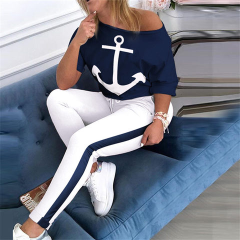 2 Piece Set Tracksuit Women Boat Anchor Print Two Piece Set Top And Pants Femme Clothes Elastic Waist Long Pants Set Lounge Wear ► Photo 1/6