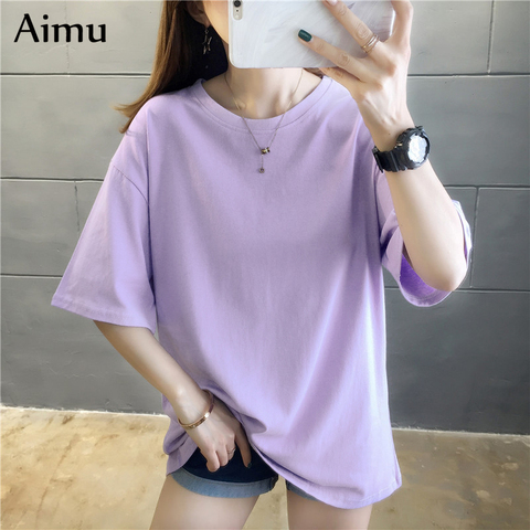 2022 Summer Women T Shirt harajuku solid T-shirts students korean Casual loose Short Sleeve pink white Tops 90s Female Tee Shirt ► Photo 1/5