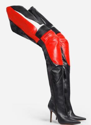 Hot Woman Sexy Black Red White Patchwork Over The Knee Boots Pointed Toe Thin Heels Motorcycle Thigh Leather Boots Big Size 45 ► Photo 1/6