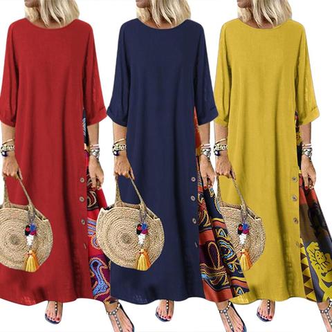 Hot Plus Size Women Vintage Dresses O Neck 3/4 Sleeve Side Buttons Printed Loose Long Dress tops платье ► Photo 1/6