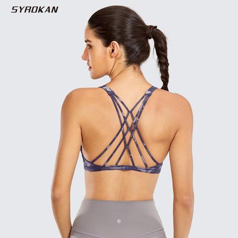 SYROKAN Women's Removable Pads Yoga Top Cross Strappy Back Sports