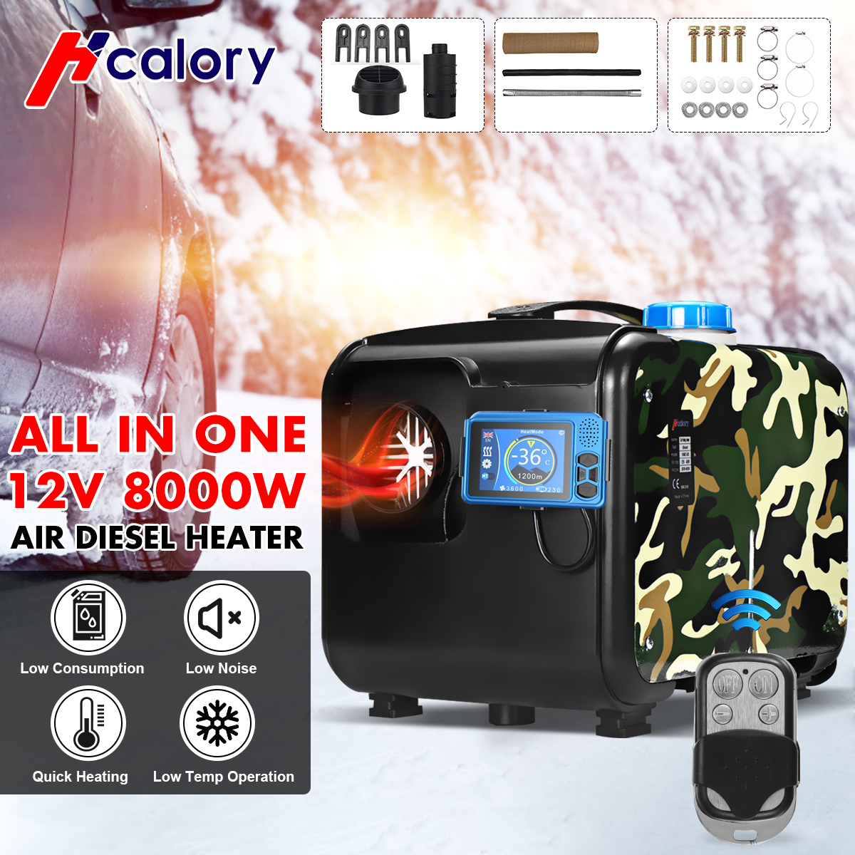 Hcalory All in One 8KW 12V Car Heater Air Heater Single Hole LCD key Switch+Remote Parking Warmer For Truck Bus Boat RV 2022 NEW ► Photo 1/6