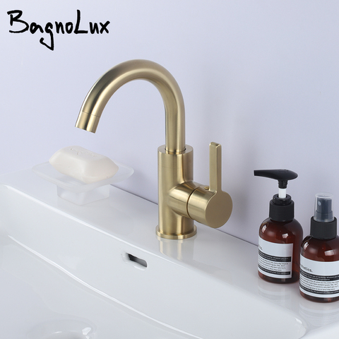 Brushed Gold Brass Deck Mounted Single Bracket Single Hole Mixed cold and hot water Basin Mixer Water Bathroom Sink Faucet ► Photo 1/6