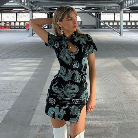 Cheongsam Style Vintage Chinese Style Qipao Dress Women Gothic Short Sleeve Front Hole High Split Bodycon Short Mini Dress ► Photo 1/6