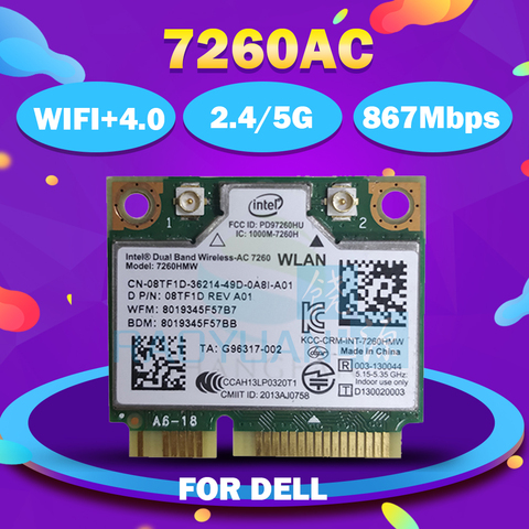 For intel  Dual Band Wireless-AC 7260HMWAC 7260HMW 7260AC half Mini PCI-e BT4.0 Wireless card 8TF1D for Dell laptop ► Photo 1/1