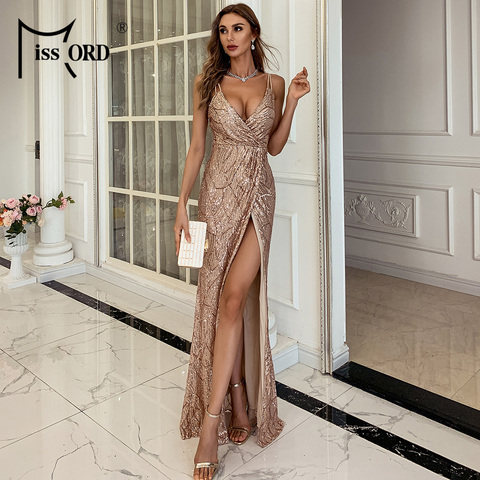 Missord Women Sexy V neck Sequin Spaghetti Strap Dress Backless High Split Maxi Dress Summer Evening Party Dress Vestido M0799-1 ► Photo 1/6