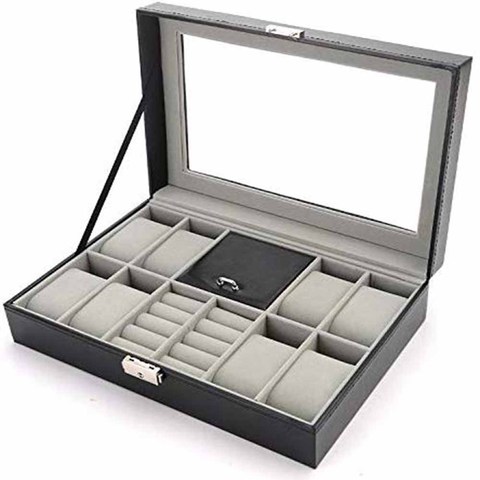 Watch Box Case Men PU Leather Display Storage Holder 8 Watches Cufflinks & 8 Slots Rings Organizer Tray With Glass Top-Black ► Photo 1/6