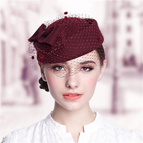 Berets Caps For Women Bride Elegant Wool Gauze Bow Airline Stewardess White Women's Fedora Caps Formal Lady Hat Royal Style ► Photo 1/6