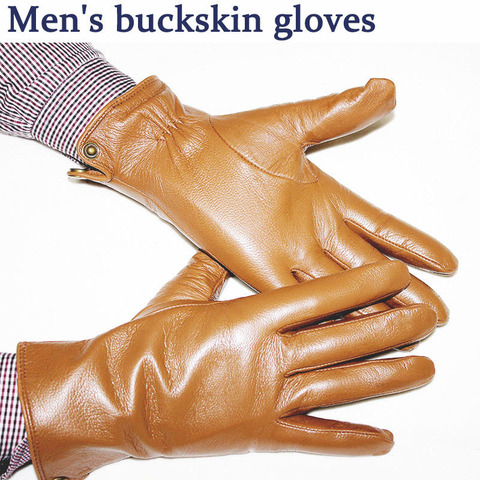 Sheepskin gloves men's autumn and winter plus velvet warm buckskin pattern champagne leather gloves ► Photo 1/6